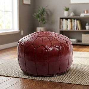Housse de pouf ronde en cuir rouge faite à la main avec un design géométrique bohème brodé, fermeture à cordon, personnalisable, décoration d'intérieur - Product Image 3