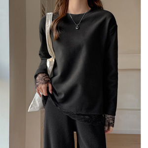 <span class=keywords><strong>T</strong></span>-<span class=keywords><strong>shirt</strong></span> à manches longues en velours épais avec patchwork de dentelle pour <span class=keywords><strong>femme</strong></span>, coupe ample amincissante, chemise intérieure, chemisier - Product Image 6