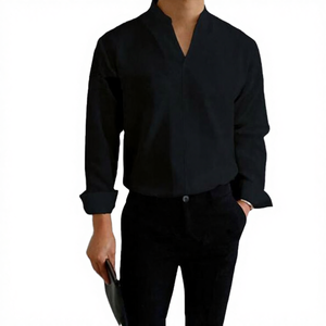 Chemise Homme Automne à Manches Longues, Col Montant, Coupe Slim, en Mélange de Coton Respirant, Style Décontracté et Élégant pour le Travail et les Affaires - Product Image 3