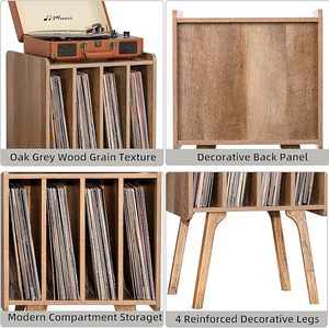 Table de rangement pour disques vinyles avec 4 armoires jusqu'à 100 albums, support de tourne-disque moderne du milieu du siècle avec pieds en bois - Product Image 6
