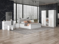 Ensemble de meubles de chambre à coucher modernes laqués brillants avec éclairage LED, tête de lit capitonnée, lit, commode, table de chevet, suite de chambre à coucher