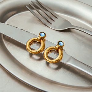 Drop <b>Earrings</b> Gold Tone Circular <b>Blue</b> Zircon Stone Geometric Design <b>Studs</b> - Product Image 2