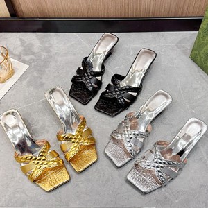 Chaussures d'été à talons hauts dorés à tête carrée pour femmes sandales et chaussures pour femmes mariage mariée - Product Image 1