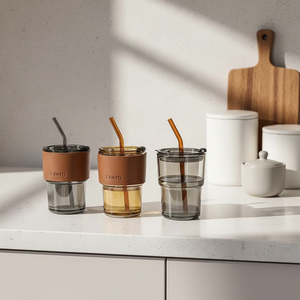 <span class=keywords><strong>Tasse</strong></span> en Verre Virale de 400 ml pour <span class=keywords><strong>Café</strong></span> et Lait, Cadeau avec Manchon en Cuir Isolant et Pailles en Verre - Product Image 2