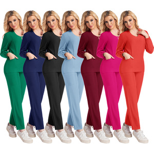 Women's Solid Color V Neck Long Sleeve Scrub Set Moisture Wicking Knitted Hospital Uniform Split Set Workwear - Product Image 2