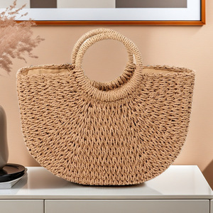 Bolso de Hombro Tipo Tote de Verano para Mujer, Estilo Bohemia, Tejido a Mano, de Ratán, con Forro de Lino y Algodón, Cierre de Cremallera, Logotipo Impreso - Product Image 6