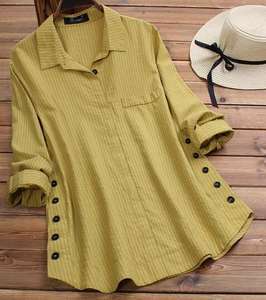レディース ソリッドカラー ストライプ ボタンフロント フェイクポケット ストライプ 長袖シャツ ファッション - Product Image 3
