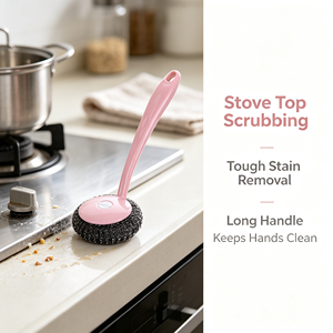 Brosse de nettoyage en fil d'acier inoxydable avec long manche en plastique, tampon à récurer pour cuisine, casseroles, poêles et éviers - Product Image 2