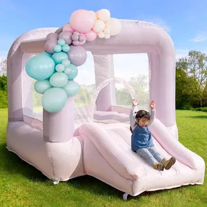 8ft Party Castle Day White Bounce House Basketball Couleur rose pastel, toboggan amusant et zone de rebond pour les enfants - Product Image 3