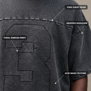 Camiseta Oversize para Hombre con Hombros Caídos, Costura <span class=keywords><strong>en</strong></span> el Pecho y Estampado Numérico <span class=keywords><strong>en</strong></span> Relieve Tonal Gris Carbón Lavado Personalizado, Estilo Urbano - Product Image 2
