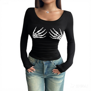 <span class=keywords><strong>T</strong></span>-<span class=keywords><strong>shirt</strong></span> noir à manches longues imprimé à la main <span class=keywords><strong>Halloween</strong></span> Skull Style décontracté avec motif blanc pour les fêtes et les vêtements quotidiens - Product Image 1