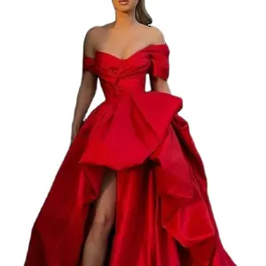 A-Line Evening Gown Party Dress Christmas Red Green Masquerade Prom Sweep / Brush Train Sleeveless Off Shoulder Satin with Slit