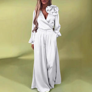 Damen Floral Elegant V-Ausschnitt Satin Langarm Top Wide Leg Pants 2-teiliges Set Sehe Fashion - Product Image 2