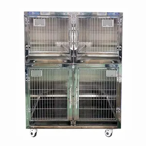 Heavy-duty stackable 304 stainless steel vet cage for veterinary clinics 1 large cage and 2 small cage removable with wheels