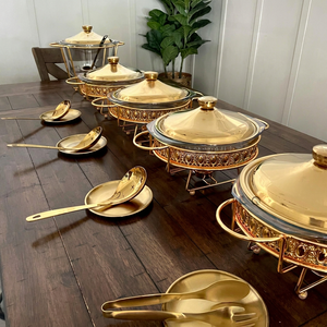 Chauffe-plat rond en verre doré pour buffet, alimenté à l'alcool, idéal pour mariages, banquets, fêtes à domicile et traiteur - Product Image 1