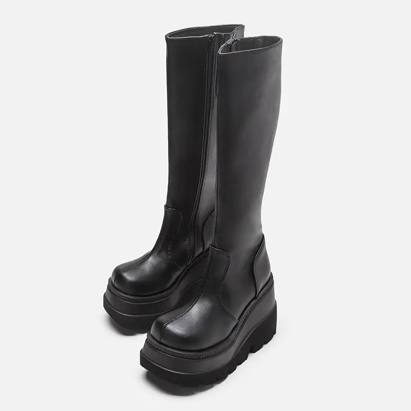 MOQ1 Ladies Thick Sole Luxury Style Waterproof Fall Platform Flat Leather Black Knee High Boots for Women