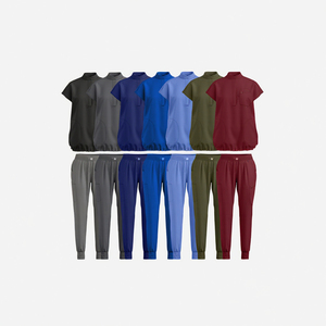 Woven <b>Scrub</b> Set for Women-Modern Mandarin Collar Oversized <b>Scrub</b> <b>Top</b> & Mid Rise Jogger Pants 9 Pockets Anti-Wrinkle - Product Image 2
