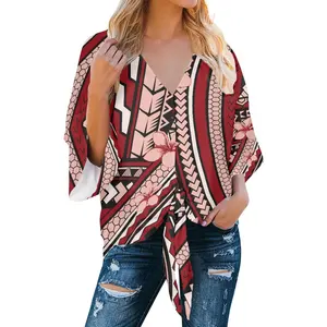 Custom Printing Hawaiian Women's Tunic Tops For Leggings 2024 Summer Short Sleeve Chiffon Shirts Casual Ruched Blouses Clothes