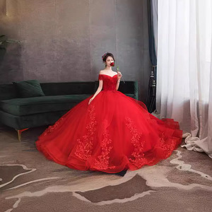 Off The Shoulder Red Wedding Dress Sweetheart Neckline Floor Length Ball Gown Floral Print Evening Gown - Product Image 2