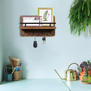 Estante colgante flotante rústico hecho a mano de granja, soporte para llaves de madera montado en la pared, gancho de pared con estante, organizador de correo, ganchos para abrigos - Product Image 4