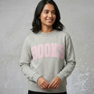 Sudadera con cuello redondo gris con estampado de libros, unisex, corte regular, de algodón tejido, estilo casual de otoño, URBAN PRODUCTIONS - Product Image 1