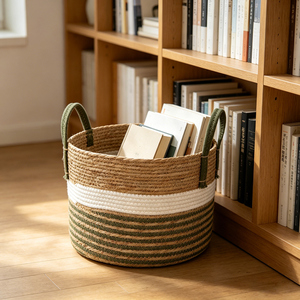 Panier tissé naturel rayé vert et blanc avec corde en coton et poignées, organisateur écologique pour la maison - Product Image 4