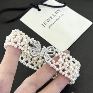 Colliers de mode faits à la main multi-rangs en perles d'eau douce naturelles, presque rondes, à fort éclat, tressés cinq rangs style palais - Product Image 2