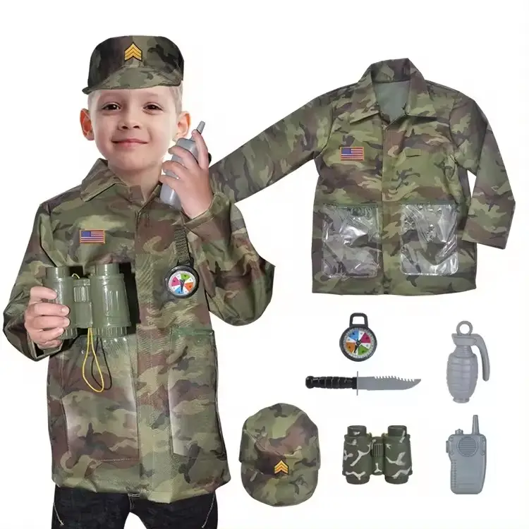 Conjunto de fantasia de uniforme camuflado do exército infantil com acessório militar, conjunto de brinquedos de dramatização para crianças