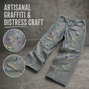 Vaqueros anchos de mezclilla para hombre, estilo hip hop, pintados a mano, rasgados, de tiro medio, lavables, de algodón, para otoño - Product Image 5