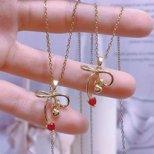 Collane con Ciondolo a Forma di <span class=keywords><strong>Gatto</strong></span> con Fiocco Rosa in Zirconia Placcata Oro, Disponibili OEM ODM, Gioielli all'Ingrosso per Donne - Product Image 3