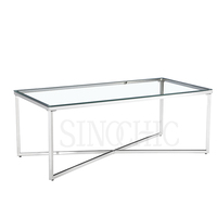 Table basse en verre trempé transparent design avec pieds et étagère en acier inoxydable doré antirouille