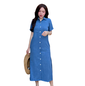 Robe longue en lin style coréen pour femme, col à revers, manches courtes à revers, ourlet fendu, poches, coupe ample, tenue décontractée ou de travail, prix abordable - Product Image 1