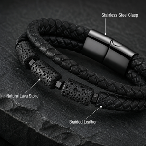 Bracciale Trendy in Vera Pelle con Chiusura Magnetica in Acciaio Inox e Pietra Naturale di Lava Nera, Stile Punk, Regalo per Uomo - Product Image 4