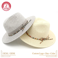 Sombrero de Paja de Ala Plana con Decoración de Cuentas, Estilo Boho, Logotipo Personalizado, para Verano, Hombre y Mujer, Transpirable, para Playa y Sol