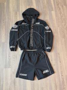 Clothing Manufacturer Custom Nylon Windbreaker Y2K Reflective Pattern Full <b>Zip</b> Mock Neck Shorts Men's Tracksuit Set - Product Image 2