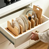 Organisateur de couvercles de casseroles en bambou, support de couvercles de casseroles et poêles, organisateur de tiroir pour couvercles de casseroles et plaques de cuisson avec séparateurs ajustables pour armoire