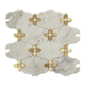 Soulscrafts White Carrara Marble Gold Brass Flower Pattern Waterjet Mosaic Tile