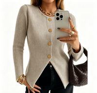 Damen Gerippter Strick-Cardigan mit Goldknöpfen Schmale Passform Langarm Offene Vorderseite Pullover für Herbst & Winter
