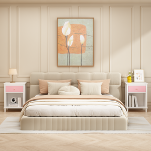Mesita de noche de madera con un cajón y un estante, color rosa, para niños y adultos - Product Image 4