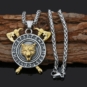 Collana Vintage <span class=keywords><strong>con</strong></span> <span class=keywords><strong>Ciondolo</strong></span> a Testa di <span class=keywords><strong>Lupo</strong></span> Vichingo Nordico Pirata in Acciaio Inox, Croce Celtica, Boutique Transfrontaliera, Placcata Oro <span class=keywords><strong>con</strong></span> Perla - Product Image 1