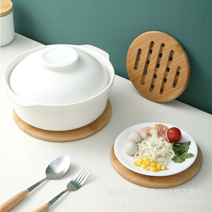 Bamboo Round Table <b>Mat</b> Natural Wood Color Washable For Kitchen Sink Use - Product Image 2