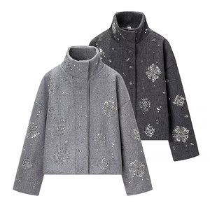 <strong>Women</strong> Stand Collar Dandelion Rhinestone Embellished Cropped <strong>Jacket</strong> Ladies <strong>Sparkly</strong> Crystal Beaded Loose Fit Short Outerwear - Product Image 1