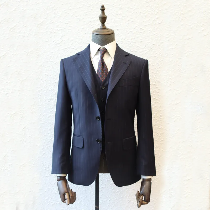 MTM özel uyarlanmış takım klasik İngiliz tarzı ısmarlama çizgili iş erkek takım elbise terzi dükkanı için 100% yün 2 parça Set