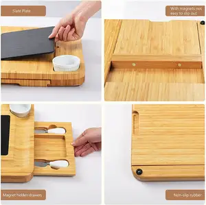 Papan pemotong keju bambu besar terlaris dengan Set pisau alami papan pemotong piring dapur