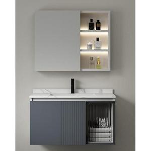 Meuble de salle de bain mural gris CR 100 cm avec plan de travail en dalle, lavabo intégré et armoire de rangement moderne - Product Image 4