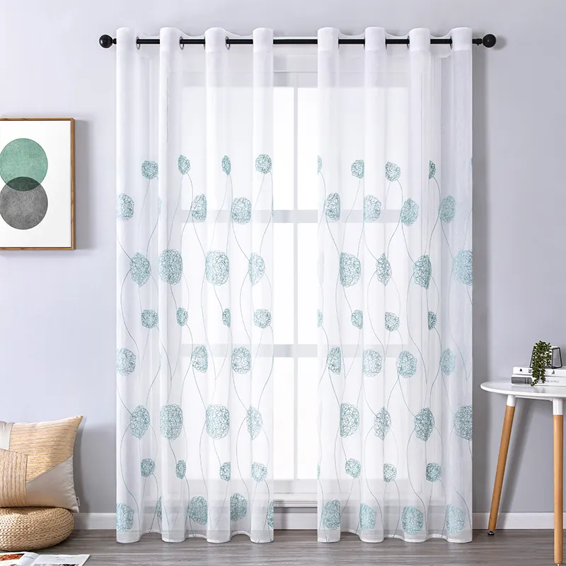 Bordados, Estilo Casa Moderna, cortinas azuis Voile Sheer Cortinas, curto, floral 1 Piece Sala de estar Janela Cortinas Corda