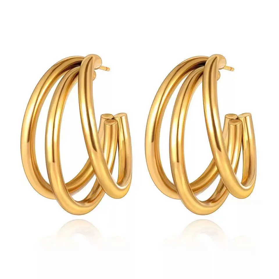 Waterproof Jewelry PVD 18K Gold Plated Stainless Steel Three Line Tube Triple C Hoop Earrings For Women Tarnish Free