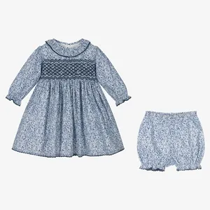 Smocked Children Clothing Long Sleeve Dresses For Baby Girls Cotton Floral Embroidered Bishop Frocks Ruffle Collar Dresses