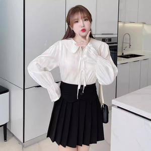 Chemisier blanc pour femme N7175 avec nœud papillon, manches bouffantes, en coton, couleur unie, pour usage quotidien, grande taille, haut pour femme - Product Image 4