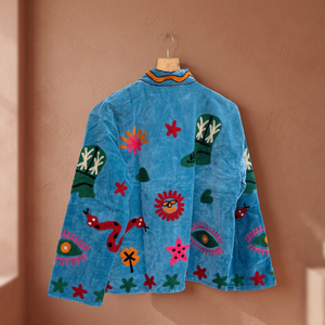Blue Velvet Suzani Knitted Embroidery <b>Mandarin</b> <b>Collar</b> Full Sleeve Eco-Friendly 100% Cotton Lining Bomber <b>Jacket</b> Spring Floral - Product Image 3